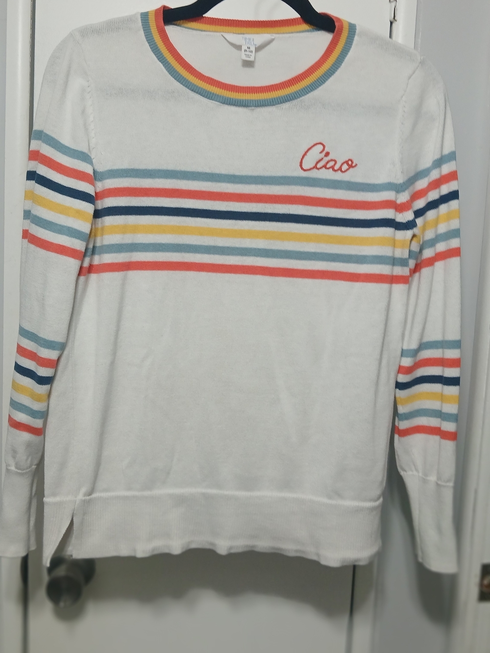 Time and Tru White Crewneck Sweater with Multicolor Stripes